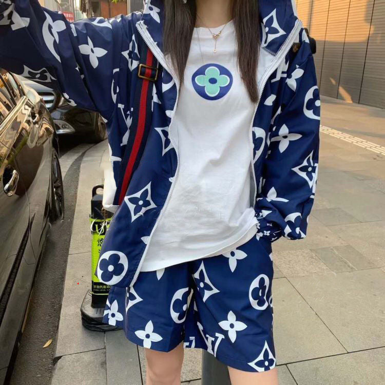 【公式純正品】2022年新商品発売! ヨーロッパとアメリカのタイドブランドのプリントリボンコントラストカラースプライシングフード付きジャケット+ショーツスーツ - dianjiang-