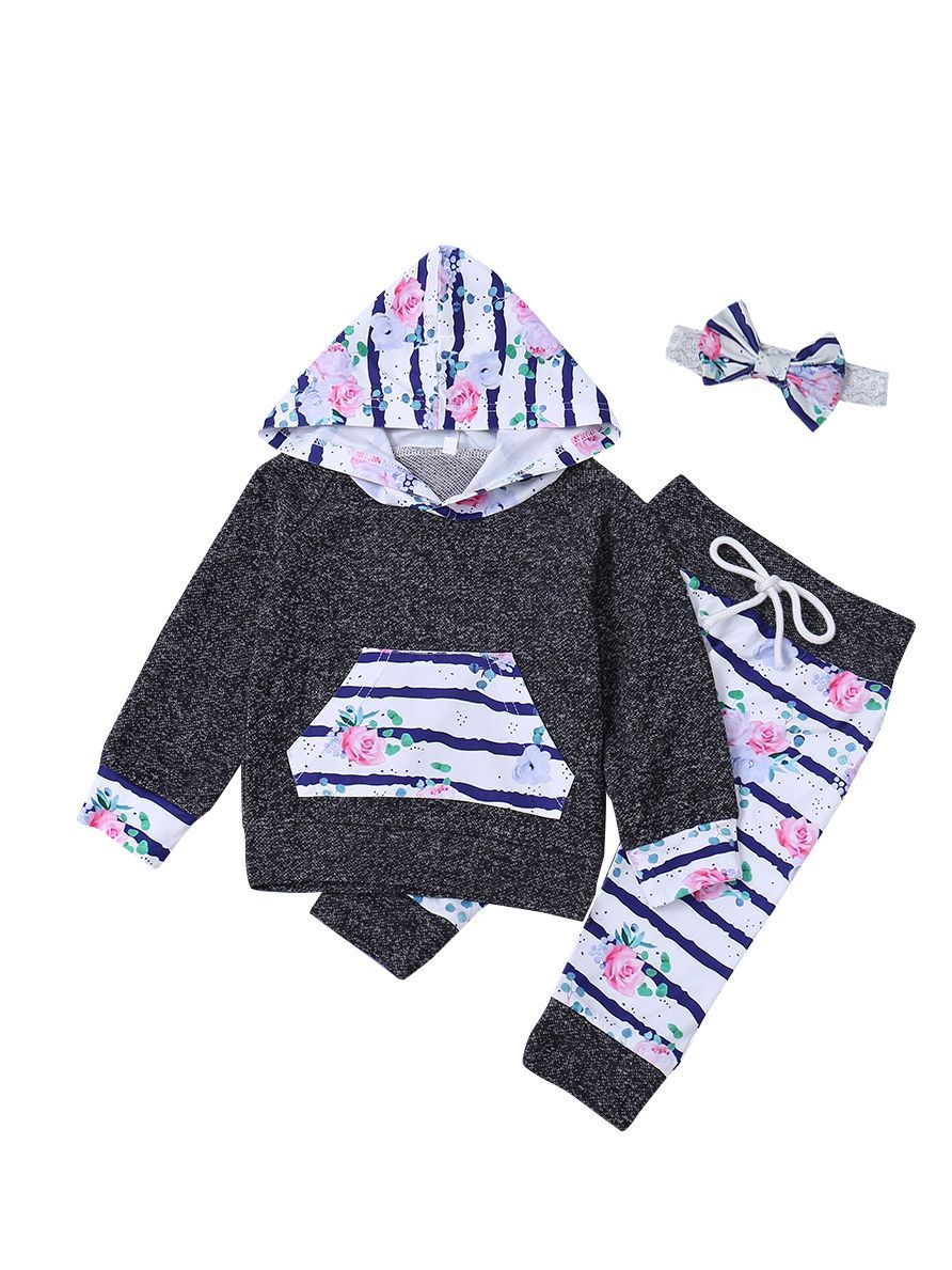 Hooded Floral Long Sleeve Shirt Top and Drawstring Long Pants Outfit Set - dianjiang-