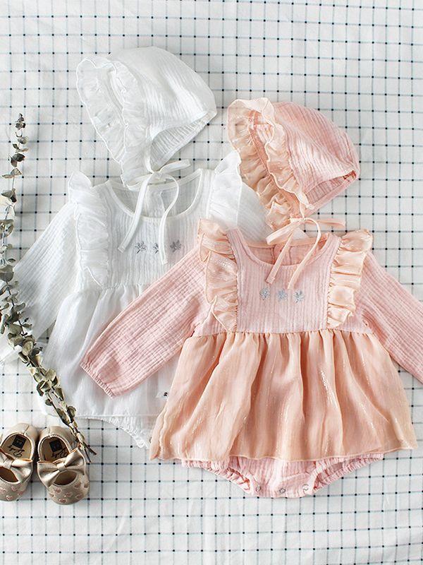 Baby Girl Romper Hat Set Flower Embroidery Party Skirt +Ruffled Detachable Hat + String Long Sleeve - dianjiang-