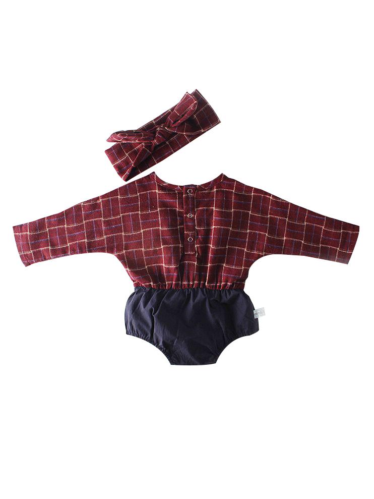 Baby Girl Checked Patchwork Romper with Bow Headband - dianjiang-