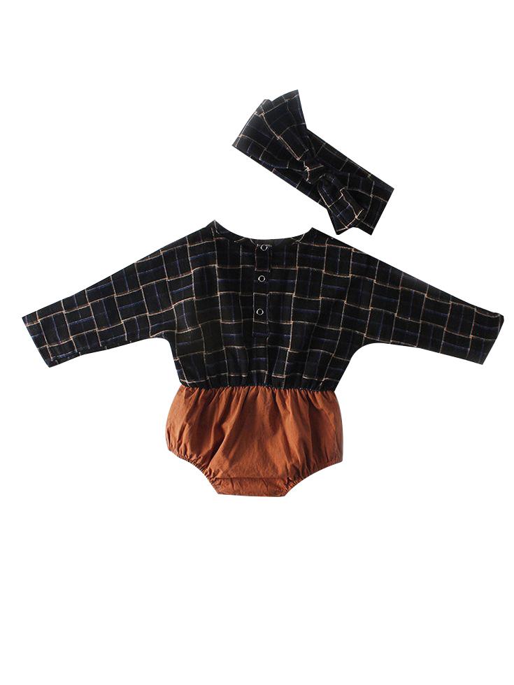 Baby Girl Checked Patchwork Romper with Bow Headband - dianjiang-