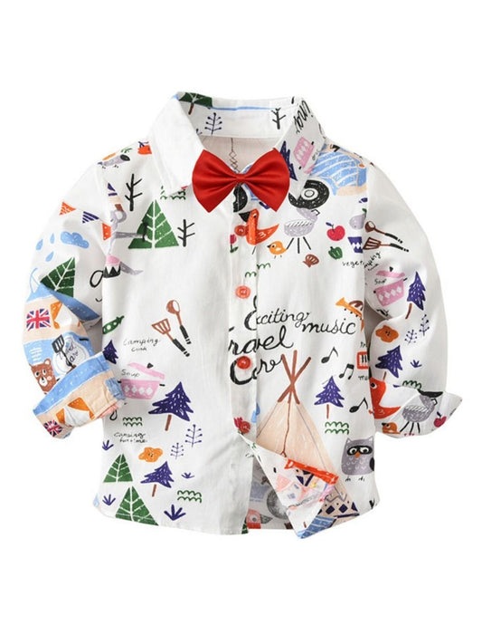 Spring Autumn Cartoon Print Cotton Shirt with Bow Tie for Baby Big Kids - dianjiang-