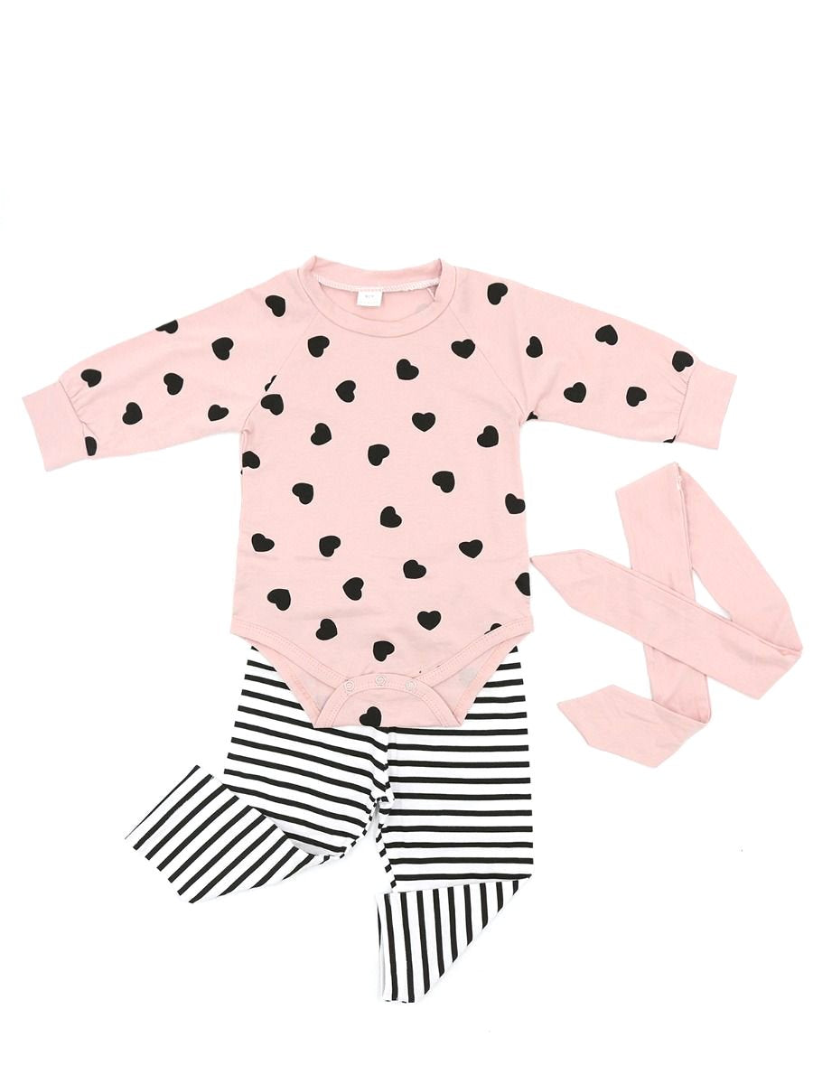 Baby Girls Bodysuit Clothing Outfits Set Love Heart Bodysuit+Striped Pants+Pink Bowknot Headband - dianjiang-