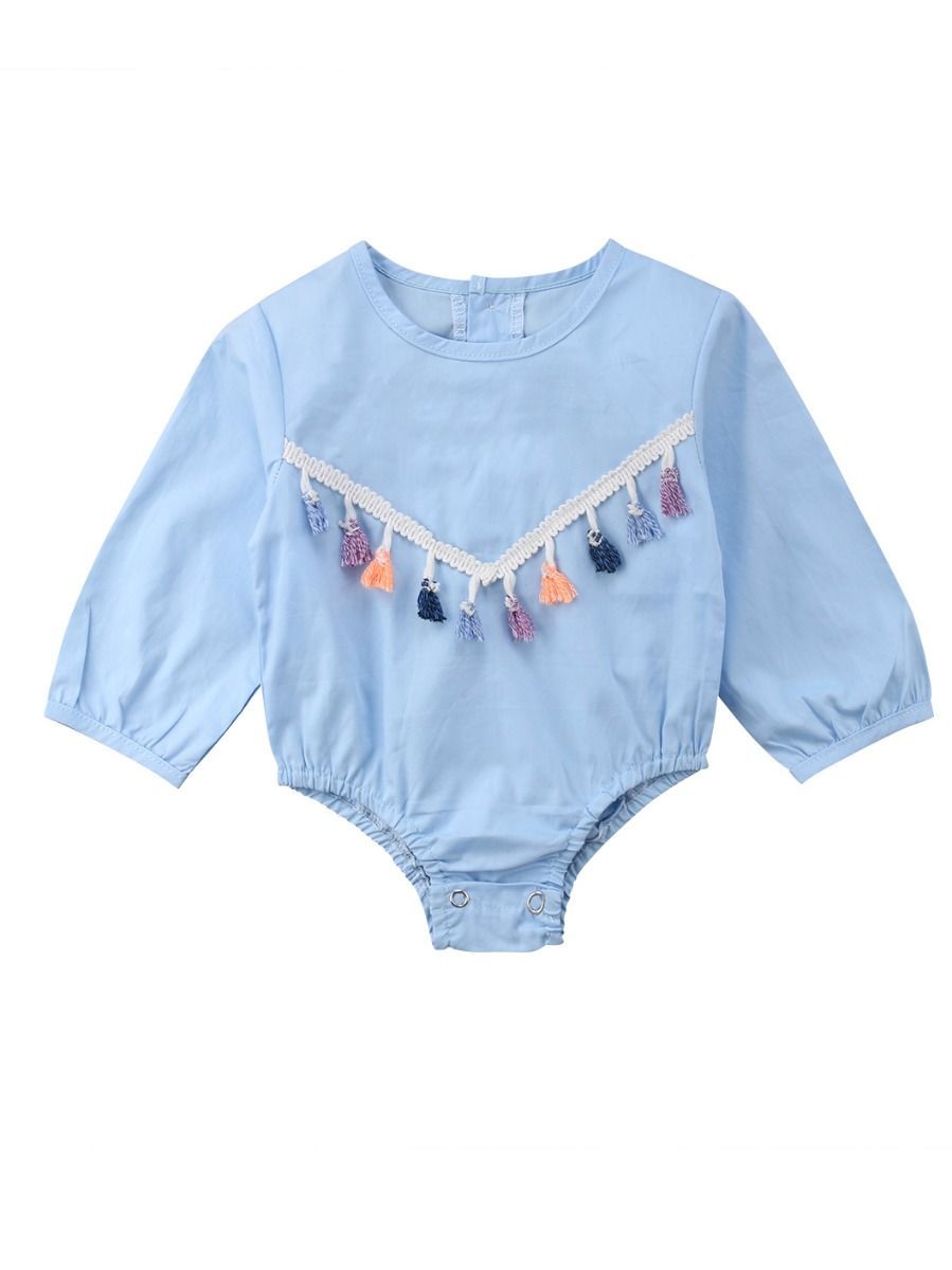 Spring Tassel Trimmed Romper Long Sleeve Spanish Style Baby Clothes Blue/White - dianjiang-