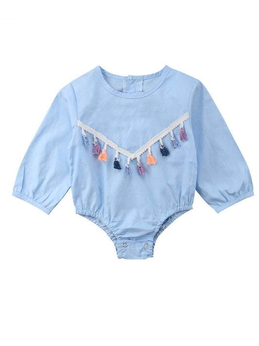 Spring Tassel Trimmed Romper Long Sleeve Spanish Style Baby Clothes Blue/White - dianjiang-