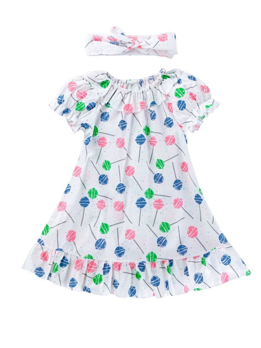 Lollipop Print Ruffle Dress with Headband - dianjiang-