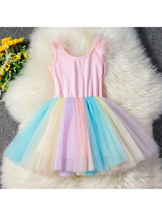 Unicorn Sleeveless Party Wear Rainbow Color Mesh Patchwork Girl Dress - dianjiang-