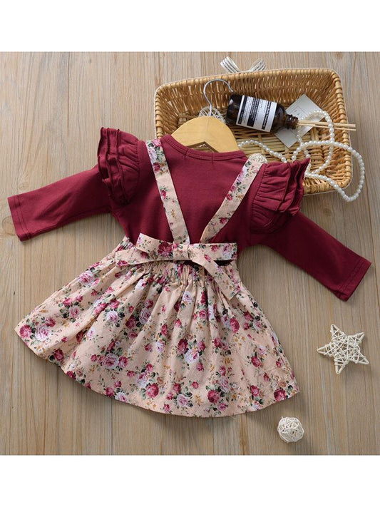Multi-colored 2-Piece Autumn Baby Girl Clothes Outfit Butterfly Sleeve Romper + Flower Suspender Skirt - dianjiang-