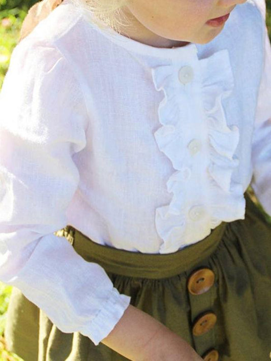 2-Piece Casual Outfit Ruffled White Shirt + Buttoned Green Skirt - dianjiang-