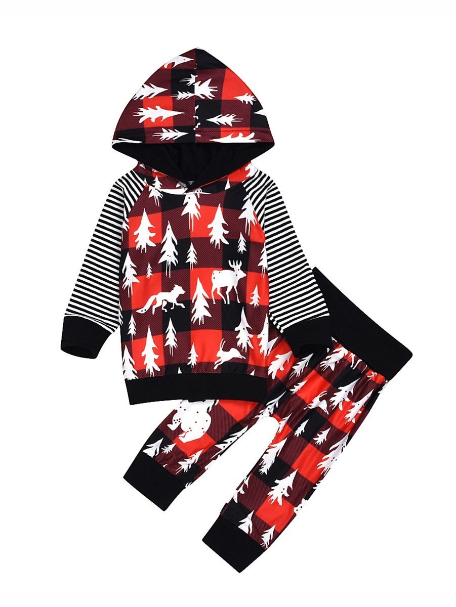 Winter Toddler Unisex Baby 2 Piece Christmas Tree Deer Print Outfit Hoodie and Pants - dianjiang-