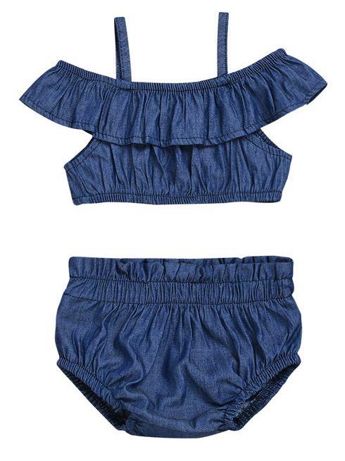 2-piece Baby Girl Denim Suspender Ruffle Crop Top + Bread Pants - dianjiang-