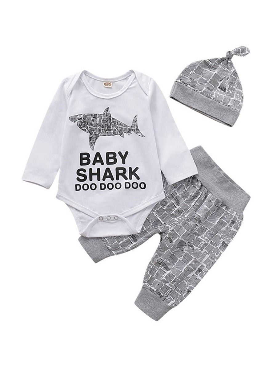 3-Piece Fall Baby Boy Outfit Shark Onesie + Pants+Hat - dianjiang-
