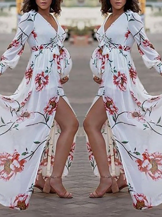 Maternity Fashion Deep V-neck Slit Floral Printed Dress - dianjiang-