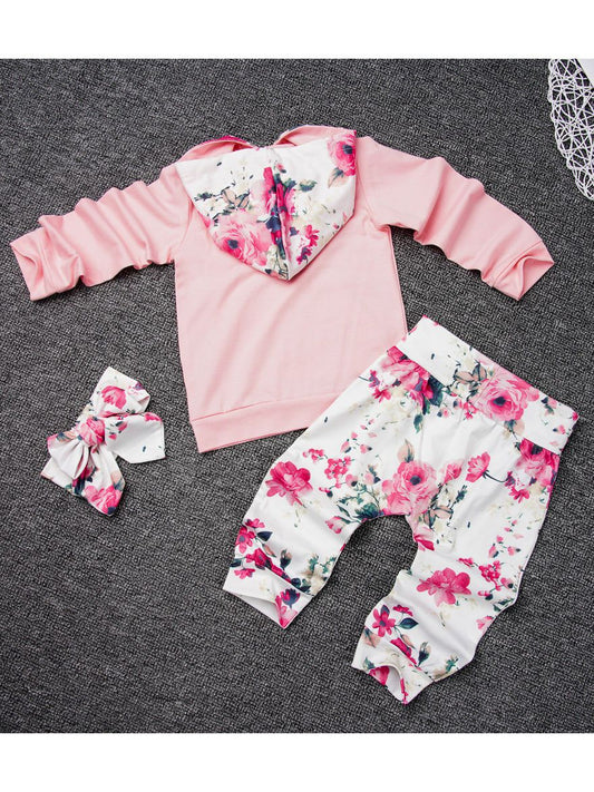 Baby Girl 3-Piece Floral Causal Hoodie Matching Pull-on Pants+Headband - dianjiang-