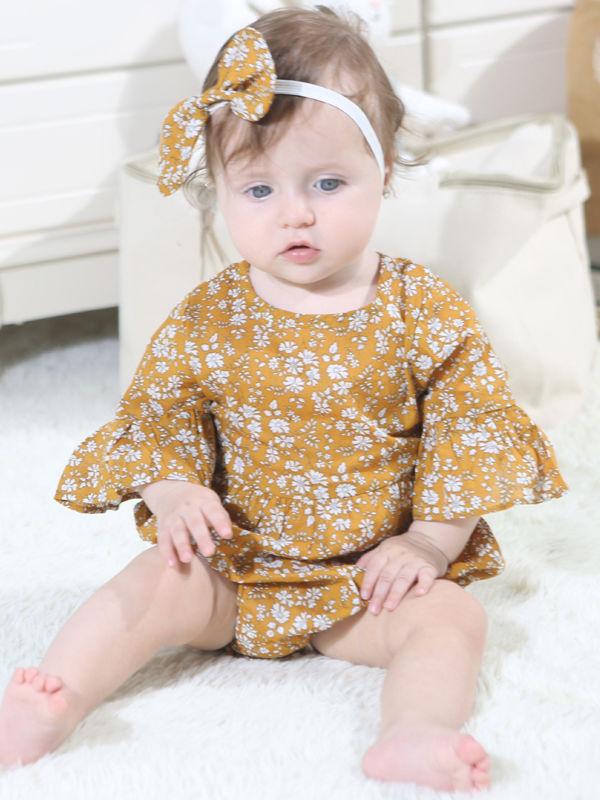 Floral Short Bell-sleeve Baby Girl Bodysuit Bow Onesie - dianjiang-