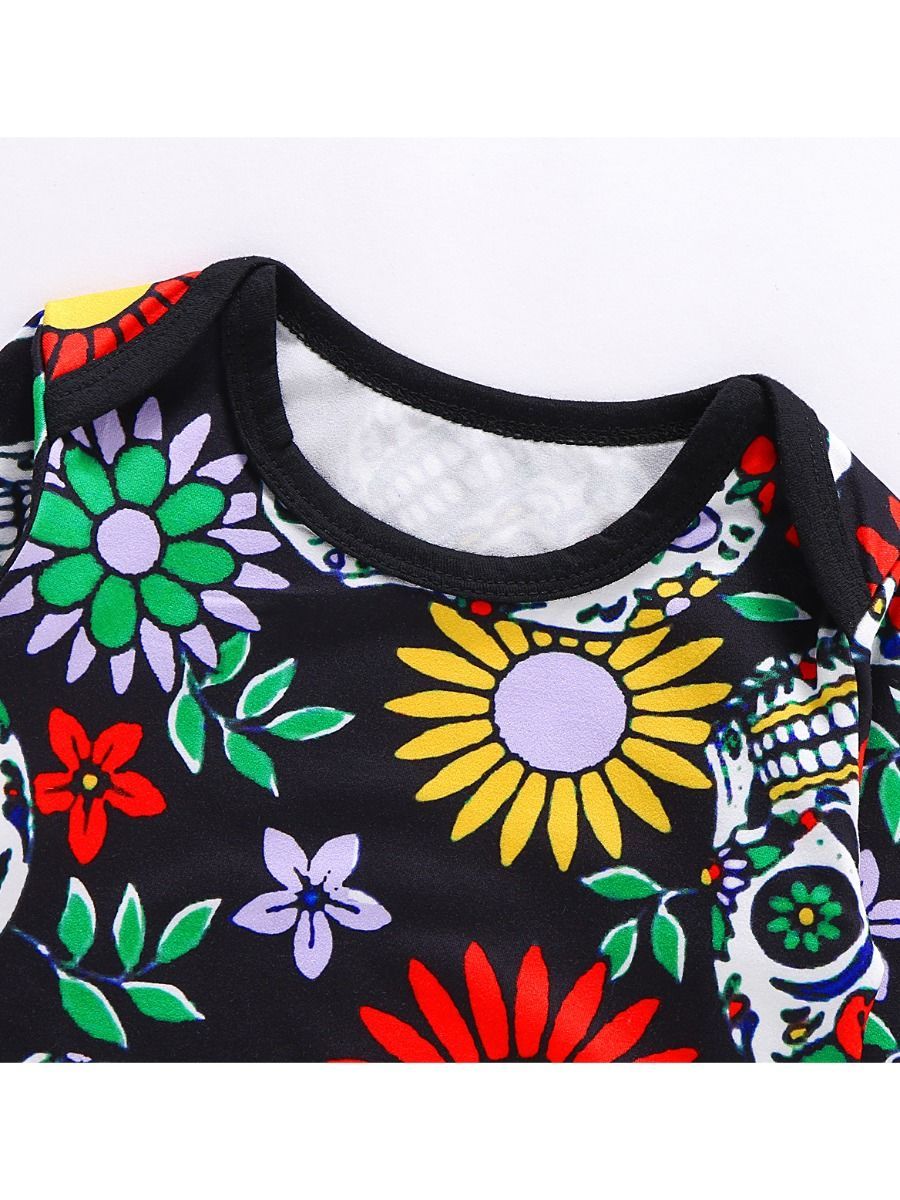 Baby Girls Floral & Skull Round neck Long Sleeves Romper - dianjiang-