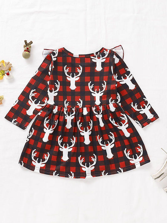 Baby Toddler Girl Christmas Reindeer Ruffled Sleeve Dress - dianjiang-