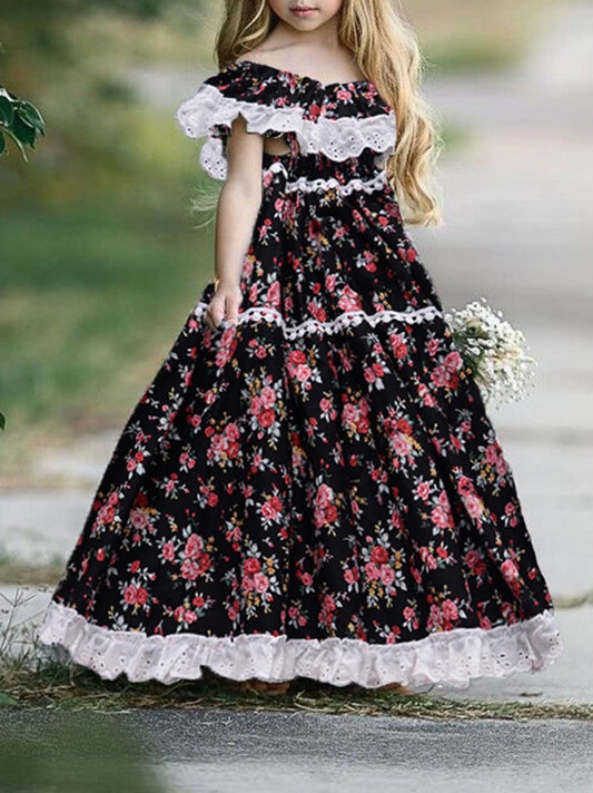British Style Off Shoulder Lace Trim Flower Princess Dress - dianjiang-