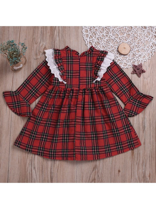 British Style Ruffled Sleeve Plaid Long-sleeved Dress - dianjiang-