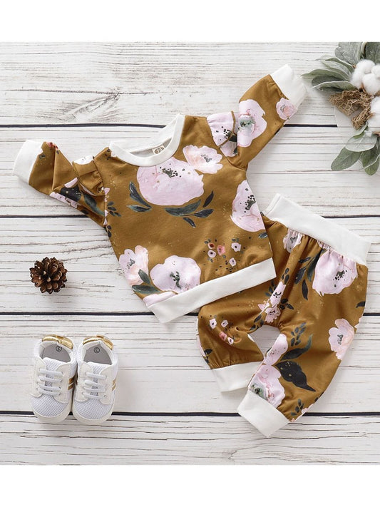 Casual Autumn 2-Piece Flutter Sleeve Flower Top & Pants Set - dianjiang-