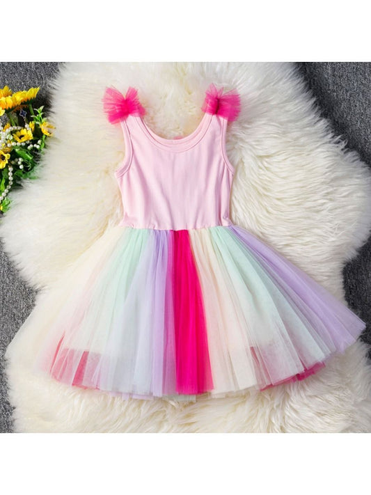 Unicorn Sleeveless Party Wear Color-blocking Mesh Party Girl Dress - dianjiang-