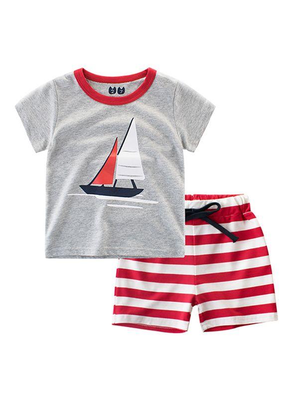 2-piece Print Tee Shorts Set Cotton T-shirt Top Short-sleeve Striped Bottom - dianjiang-