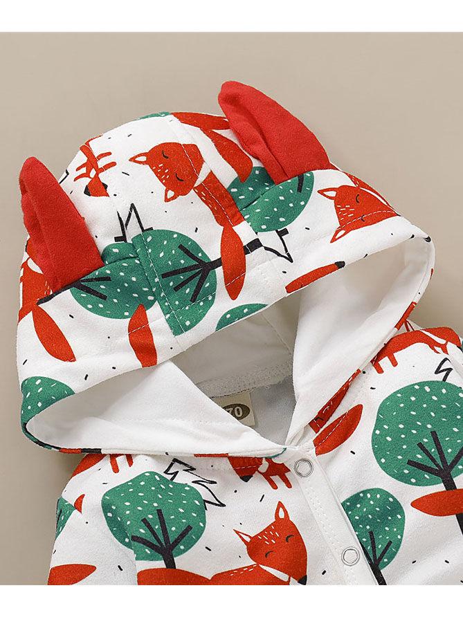 Cute Baby Fox & Tree/Heart Cartoon Hooded With Ears Autumn Jumpsuit One Piece Bodysuit - dianjiang-