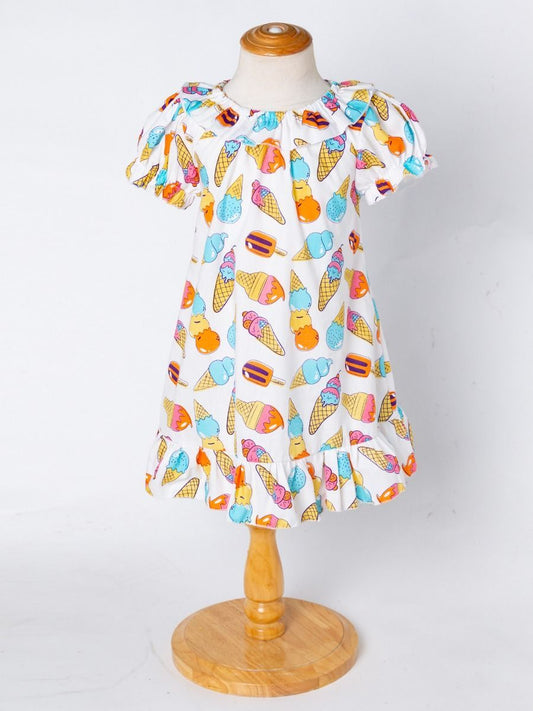 Cute Baby Little Girl Clothes Ice-cream Print Ruffle Dress with Headband - dianjiang-