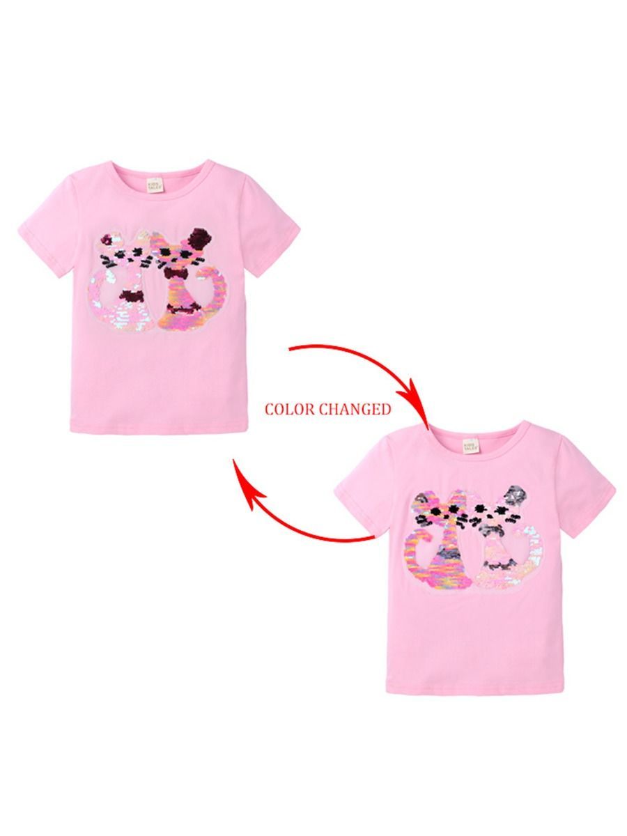 Toddler Little Girl Cute Cat Pattern Sequins T-shirt - dianjiang-