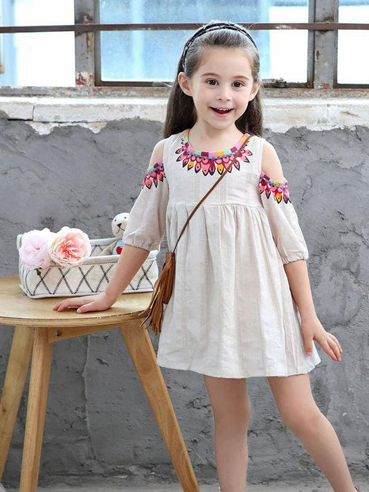 Cute Jacquard Pleated Toddlers Girls Off-shoulder Dress - dianjiang-