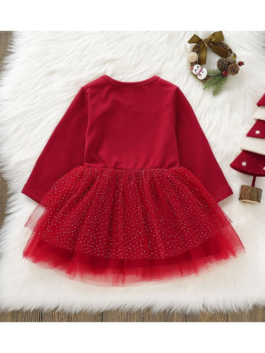 Cute Reindeer Tulle Double Layer Patchwork Christmas Red Dress - dianjiang-