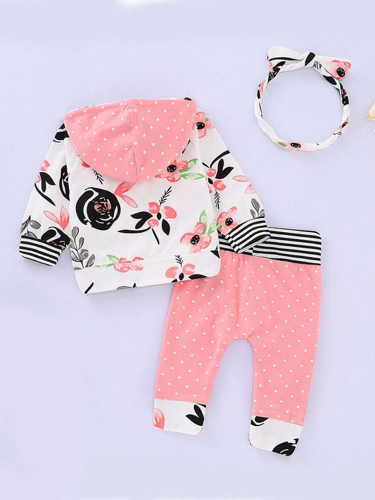 Fall 3-Piece Clothes Set Floral Hoodie Sweatshirt+Polka Dots Pants+Bow Headband - dianjiang-