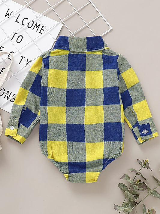 Fashion Baby Boy Turn-down Collar Checked Onesie - dianjiang-