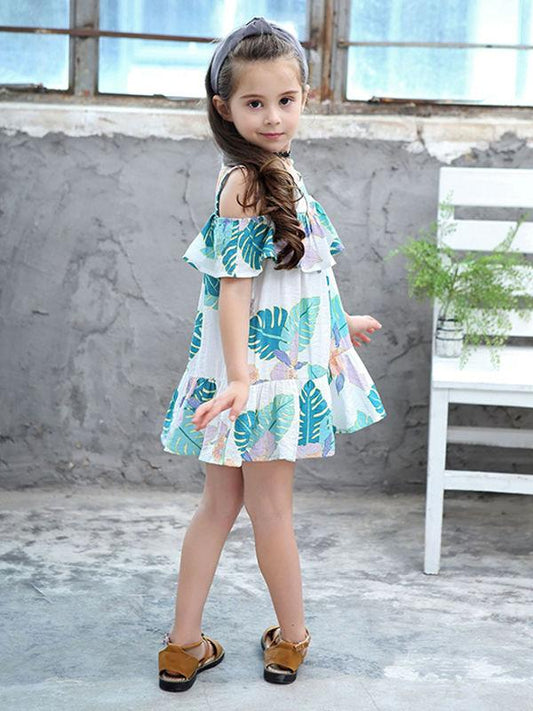Fashion Toddlers Girls Summer Off Shoulder Print Dress - dianjiang-