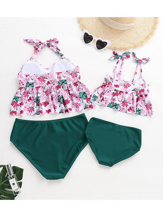 Floral Ruffle Tie Swimsuit For Mommy and Daughter - dianjiang-