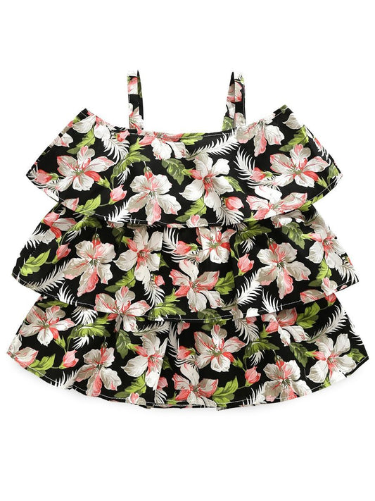 Summer 2-Piece Outfit Flower Suspender Top + Ripped Fringed-hem Shorts For Little Big Girl - dianjiang-