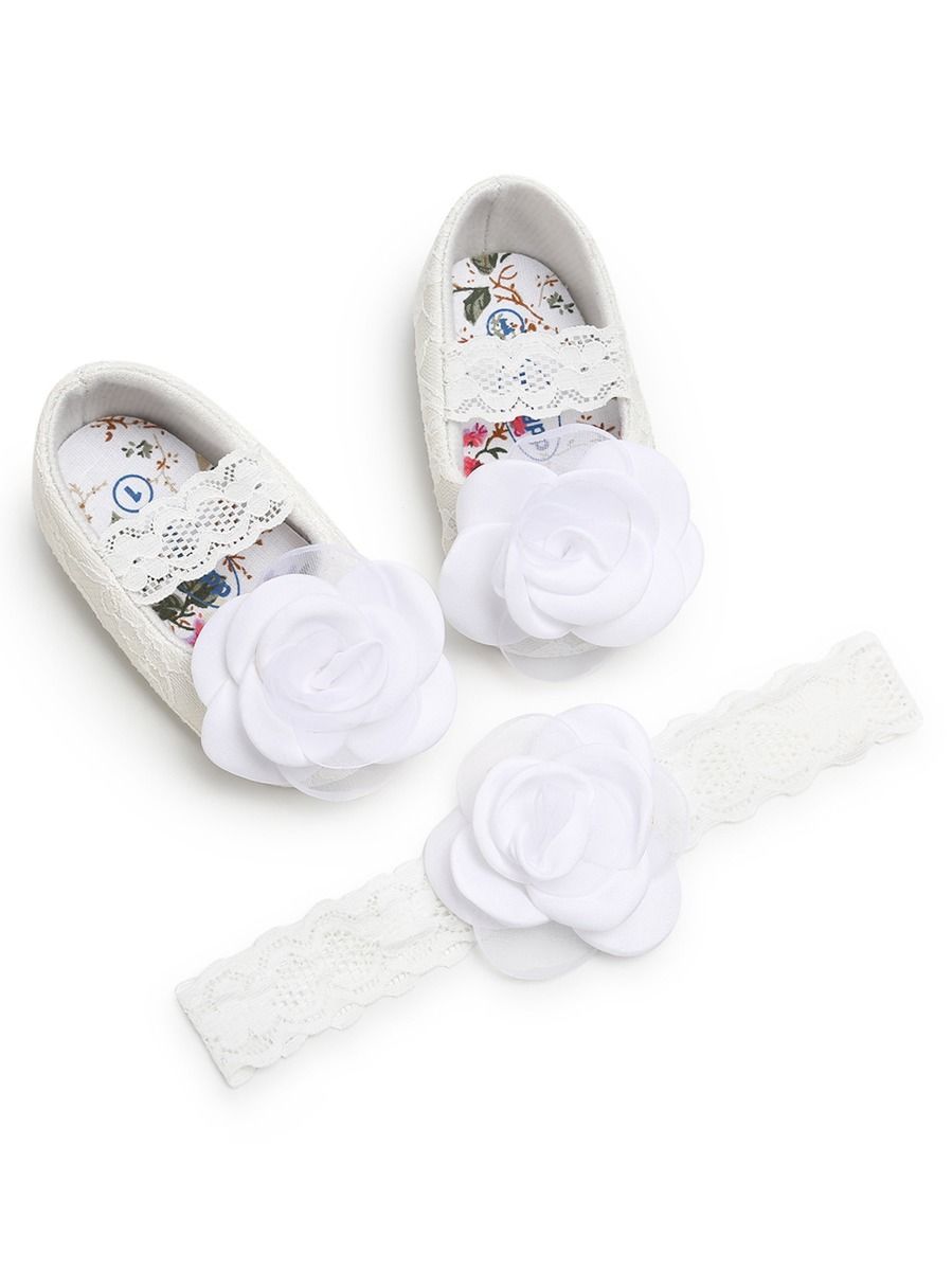 Infant Baby Girls 2-Piece Set Flower Trim Lace Princess Shoes Matching Headband - dianjiang-