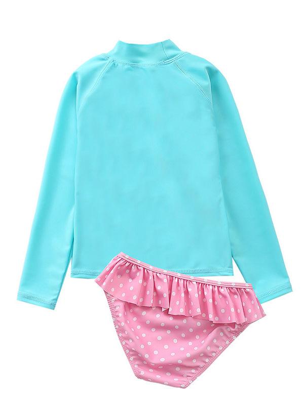 Little Girl Sun Protection Swimwear 2-Piece Set Long-sleeved Top+Frilled Shorts - dianjiang-