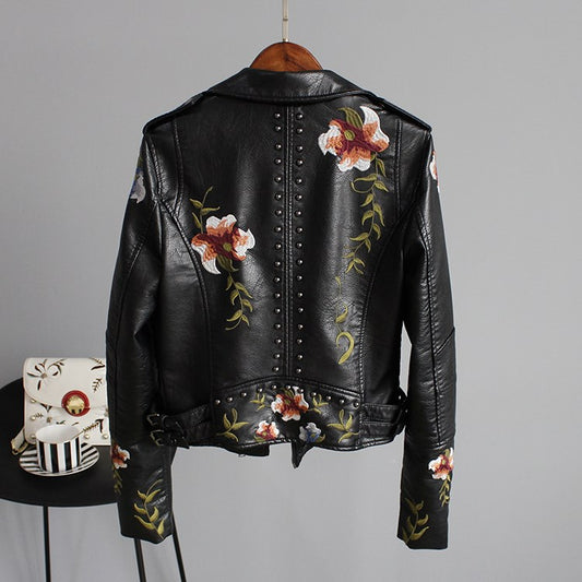 Ftlzz Women Floral Print Embroidery Faux Soft Leather Jacket Coat Turn-down Collar Casual Pu Motorcycle Black Punk Outerwear - dianjiang-
