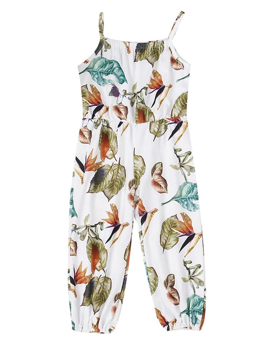 Summer Infant Little Girl Leaf Print Suspender Pants One Piece Jumpsuit - dianjiang-