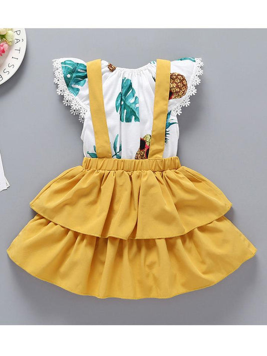 2-Piece Baby Clothes Off Shoulder Pineapple Print Flutter Sleeve Jumpsuit Matching Yellow Jumper Skirt Summer - dianjiang-