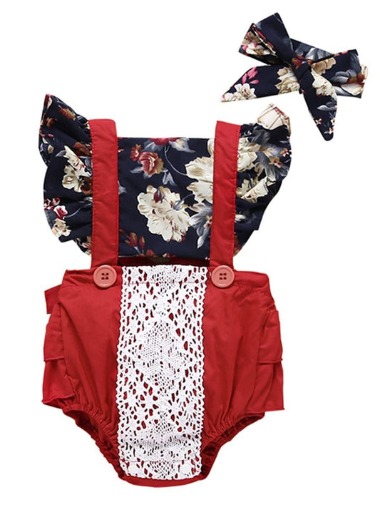 Lace Trimmed Flower Bodysuit Matching Headband - dianjiang-
