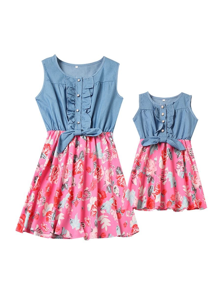 Mom And Me Family Fitted Flower Denim Patchwork Sleeveless Kids Dress - dianjiang-