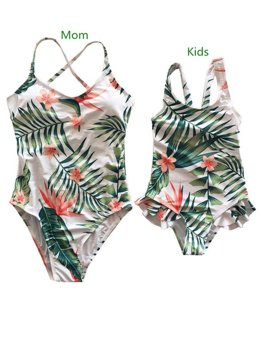 Mom and Daughter Flower Leaf Print One-piece Swimming Wear Family Matching - dianjiang-