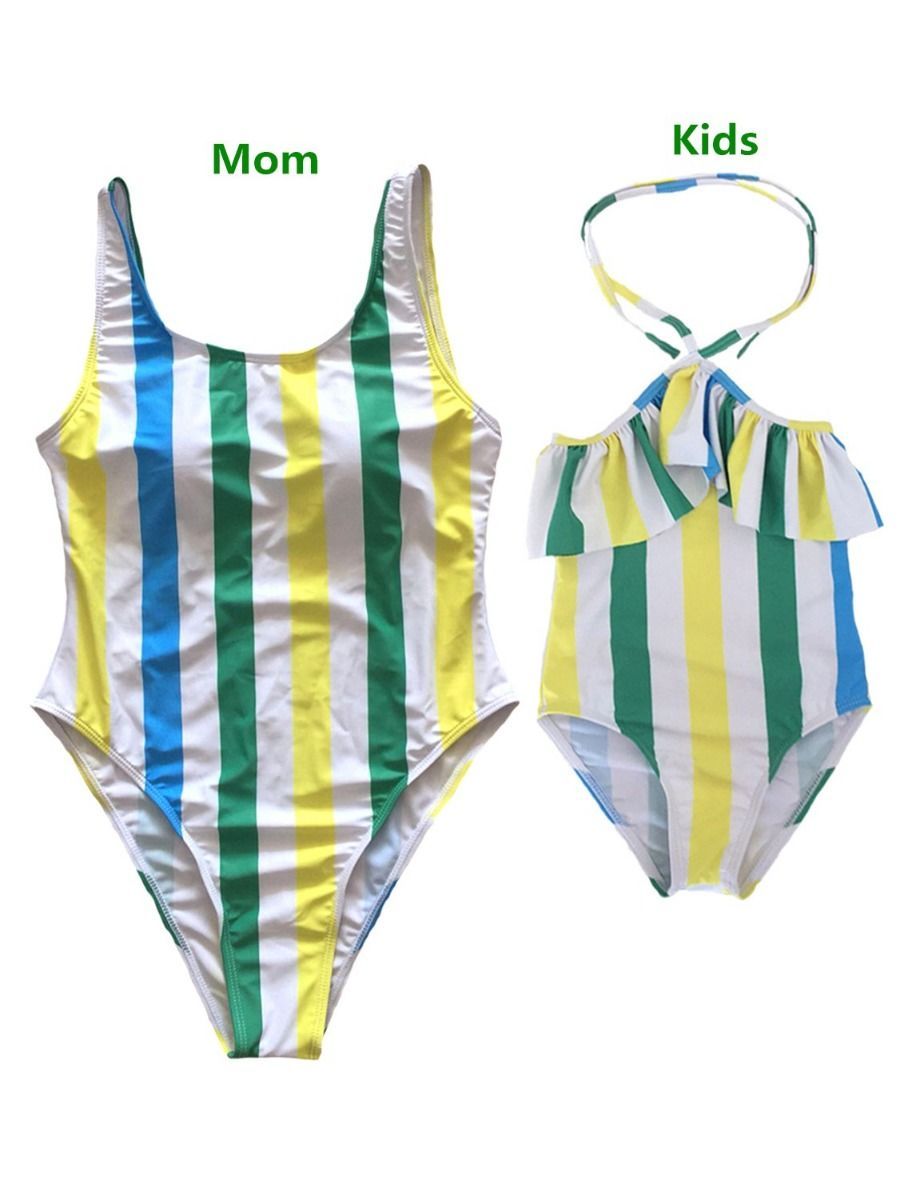 Mommy and Me Striped Color Blocking One Piece Swimming Wear - dianjiang-