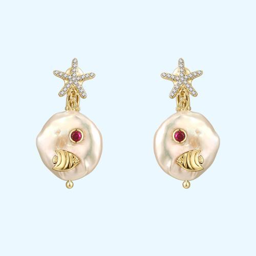 巴洛克天然珍珠锆石海星可爱小鱼耳钉无耳洞耳夹女无痛日常百搭款 - dianjiang-