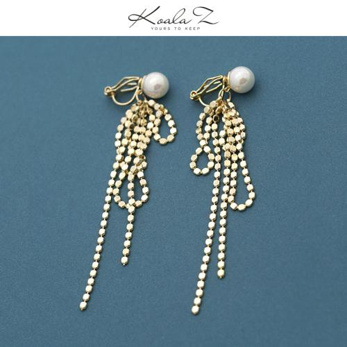 设计感圆脸显瘦金属流苏蝴蝶结仿珍珠长款耳环耳夹无耳洞女日本 - dianjiang-