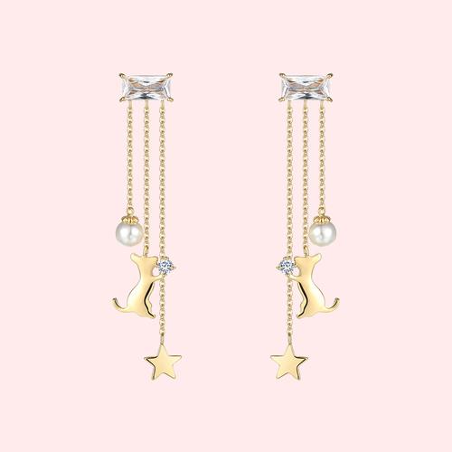 Japanese new multi tassel long kitten star imitation pearl earring earring clip earless female lovely - dianjiang-