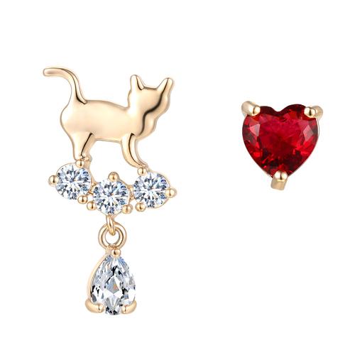 日系小清新 不对称别致红色红钻爱心猫咪耳钉耳环耳夹无耳洞女 - dianjiang-
