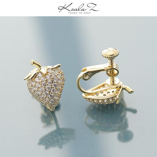 精致闪亮甜美可爱金色满钻小草莓锆石耳钉耳环无耳洞耳夹减龄 - dianjiang-